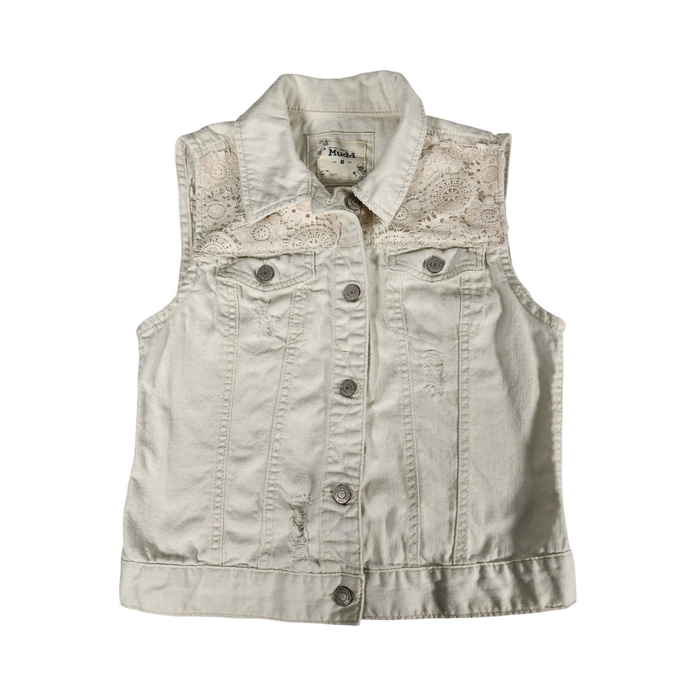 Mudd Womens Denim Vest Cream Off White Lace Crochet Distressed‎ Boho Size M